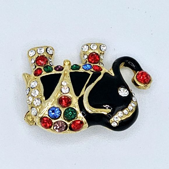 Vintage Jeweled Elephant Brooch Black Enamel Indian Asian Gold Tone Jewelry Pin - Picture 6 of 10